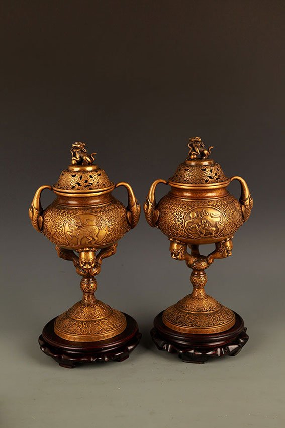 PAIR OF "QI LIN" FIGURE BRONZE AROMATHERAPY (1 of 7)