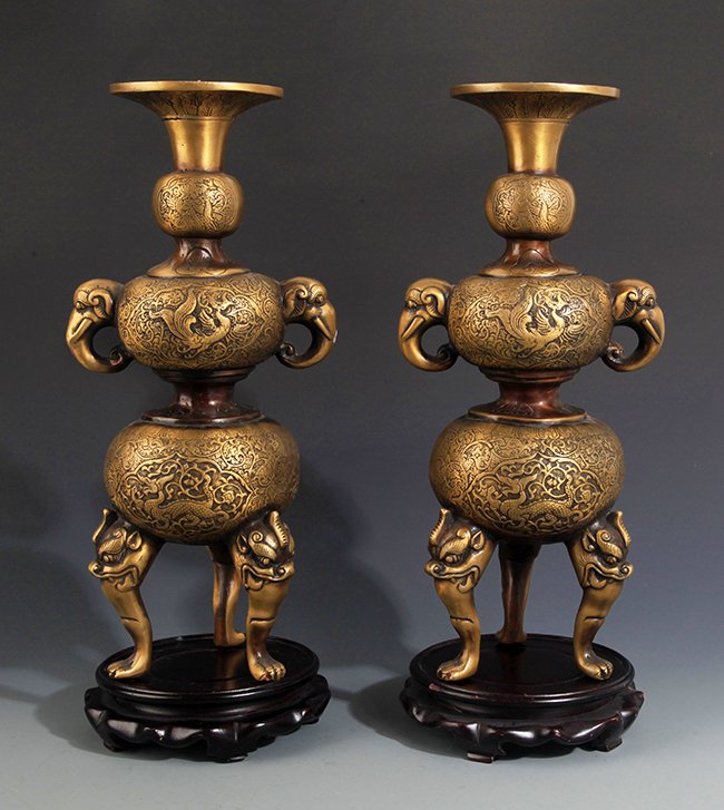TWO DRAGON AND PHOENIX CARVING BRONZE CANDLESTICKS (1 of 10)