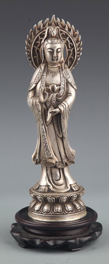 A LARGE FINELY CARVED SILVER PLATED GUAN YIN MODEL (1 of 6)