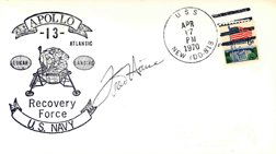 776: Apollo 13 Fred Haise Autograph: on an Apollo 13 US Navy Recovery Force USS New cover, bearing a black cachet depicting the Lunar Module. Cover bears a USS New DD-818 landing date cancel of April 17, 1970 and a US Flag 6c postage sta