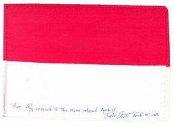830: Flown Apollo 15 Indonesian Silk Flag: (4 x 6") David Scott has written in blue ink on the flag: "This flag carried to the Moon aboard Apollo 15 Dave Scott Apollo 15 CDR. Ex. The David Scott collection. Rare.Flown in Space? YES"