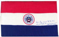 834: Flown Apollo 15 Paraguay Silk Flag: (4 x 6") David Scott has written in blue ink on the flag: "This flag carried to the Moon aboard Apollo 15 Dave Scott Apollo 15 CDR. Ex. The David Scott collection. Rare.Flown in Space? YES"