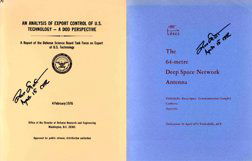 863: Apollo 15 David Scott Autograph: on each of four different research reports, including "The 64-Metre Deep Space Network Antenna", "An Analysis of Export Control of US Technology - A DOD Perspective", "The Challenge of Foreign Competi