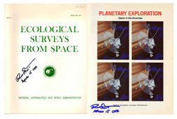 864: Apollo 15 David Scott Autograph: on each of four 1970's publications. Included are "Ecological Surveys from Space", "Planetary Exploration", "United States Activities in Spacecraft Oceanography" and "For the Benefit of All Mankind".