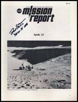 865: Apollo 15 David Scott Autograph: (MR-10, 1972, 8pp, soft cover, stapled) Executive summary of the Apollo 15 mission, in excellent condition. Very clean, no edge faults. Ex: the personal collection of astronaut Dave Scott.
