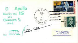 869: Apollo 15 David Scott Autopen: in an Apollo 15 Recovery Ship cover bearing a green cachet with a USS Okinawa recovery date cancel of August 6, 1971. Very good condition