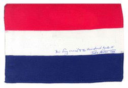 Flown Apollo 15 Netherlands Silk Flag: (4 x 6") David Scott has written in blue ink on the flag: "This flag carried to the Moon aboard Apollo 15 Dave Scott Apollo 15 CDR. Ex. The David Scott collection. Rare.Flown in Space? YES"