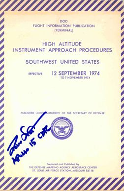 Apollo 15 David Scott Autograph: on a front cover of "High Altitude Instrument Approach Procedures" (1974, 180pp., soft cover). Scott has signed in blue Sharpie. Very good condition with modest toning. Ex: the David Scott collection.
