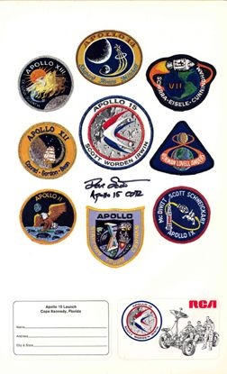 Apollo 15 David Scott Autograph: on 9 sheets of promotional stickers issued by RCA bearing Apollo XII - XV mission emblems. Scott signed underneath the Apollo 15 sticker in black Sharpie. Very good condition. Ex: the David Scott coll