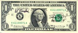 David Scott and Alfred Worden Autographs: on a 1969 one dollar Federal Reserve Note. Both autographs are executed in black Sharpie. The dollar bill bears serial number K61109571A.