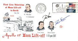 David Scott and James Irwin Autographs: on an Apollo 15 Moon Lift-Off commemorative cover. The cover bears a peach and black cachet depicting crew portraits and the Falcon lifting off the lunar surface. The cover bears an 8-cent US flag sta
