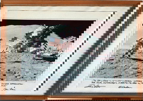 Scott, Worden and Irwin Autographs: Dave Scott, Al Worden and Jim Irwin Autographs on a color (9.75x7.25") color photograph of Irwin saluting the American flag on the lunar surface. Inscribed in David Scott's handwriting "To Don Griggs