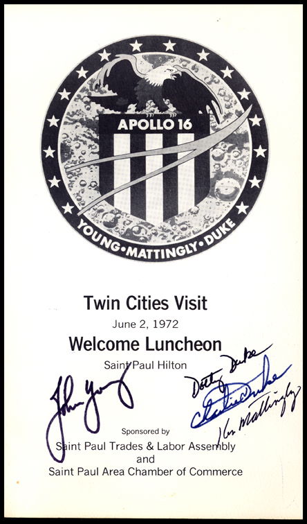 Young, Mattingly and Duke Autographs: John Young, Ken Mattingly and Charlie Duke Autographs on an 1972, "Luncheon Program" held in their honor. The program bears KSC 20 April 2002 and KSC 27 April 2002 machine cancels in commemoration of