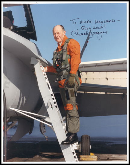 Chuck Yeager Autograph: Chuck Yeager Autograph on a color (8x10") photograph of the test pilot in his aviation attire boarding a jet. Inscribed "To Mark Maynard, Good Luck! Chuck Yeager". Todd Mueller Autographs, Inc. COA in