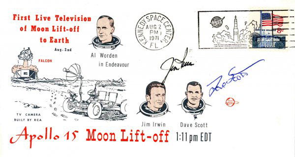 Apollo 15 'David Scott and James Irwin Autographs: on an Apollo 15 Moon Lift-Off commemorative cover. The cover bears a peach and black cachet depicting crew portraits and the Falcon lifting off the lunar surface. The cover bears an 8-cent US flag sta