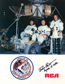 Apollo 15 David Scott Autograph: on an RCA information sheet outlining their contributions to the Apollo program. The front bears a photograph of the Apollo 15 crew poised on and around the LM. Scott signed in black Sharpie. Very goo