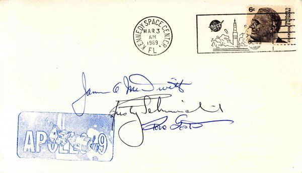Apollo 9 McDivitt, Scott & Schweikart Autographs: 'James McDivitt, David Scott and Russell Schweikart Autographs on a cover with a blue stamped Apollo 9 cachet, a March 3, 1969 KSC cancel and a Franklin Roosevelt commemorative 6c US postage stamp. Mc