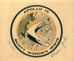 Apollo 15 Scott, Worden & Irwin Autographs: David Scott, Alfred Worden and James Irwin Autographs on a color NASA lithograph #S-71-30463 (8 x 10") of the Apollo 15 mission emblem. Scott and Irwin signed in fine black Sharpie, Worden in blue Sha