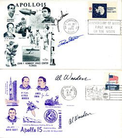 Apollo 15 Scott, Worden & Irwin Autographs: David Scott, Alfred Worden and James Irwin Autographs on a pair of two launch covers with Apollo 15 cachets bearing two different cancels dated July 26, 1971, one from KSC and one from Cape Canaveral.