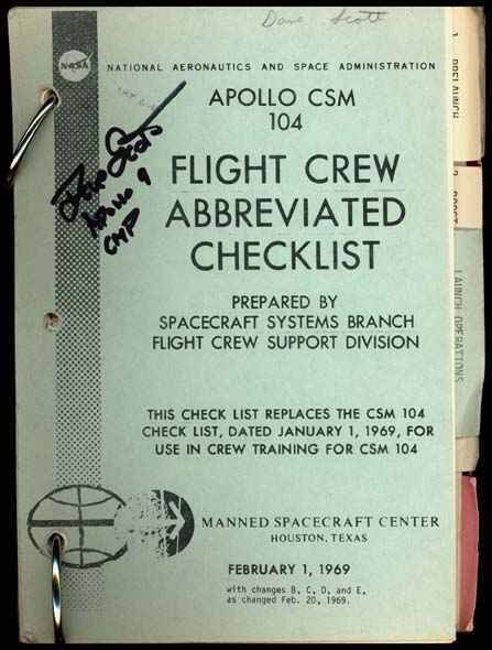 Apollo 9 CSM Flight Checklist Signed: Dave Scott Autograph on "Apollo CSM Flight Crew Abbreviated Checklist" (1969, NASA,222 pp., soft cover, three-hole punched, bound with metal rings). A rare and fascinating item used by David Scott dur