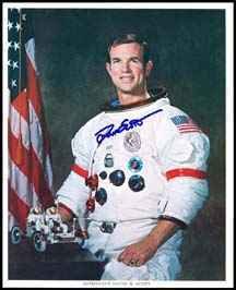 Dave Scott Autograph: Dave Scott Autograph on a color NASA (8x10") photograph (on Kodak paper) of Scott posing with a model of the Lunar Rover. From the personal collection of and signed by Astronaut David Scott. A popular