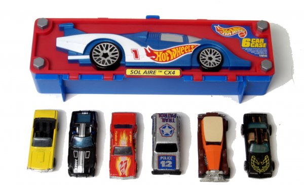 Kidco & Matchbox Toy Cars in Hot Wheels Carrying Ca: stored in a Sol Aire CX4 Hot Wheels carrying case. Lot includes 6 cars, 1 Trailer Police by Kidco, 1 Lock-Ups 280XZ by Kidco, 1 1979 Chevrolet Chevette by Kidco, 1 Red Frontrunning Fairmont by Hot Whe