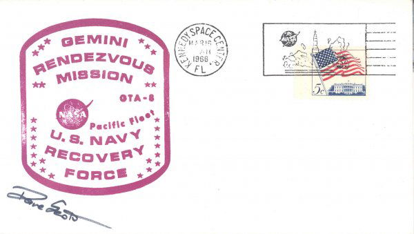 Gemini 8 David Scott Autograph: on a launch cover with a magenta U.S. Navy Recovery Force printed cachet tied with a Mar 16, 1966 KSC machine cancel. Scott has signed in black Sharpie. Very good condition.