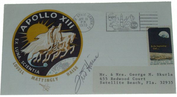Apollo 13 Haise Autographed Cover: in black ink on a cover with a multicolor cachet which depicts the Apollo 13 mission patch and bears an 8c US lunarscape commemorative postage stamp and an Apollo 13 launch date April 11, 1970 KSC FL