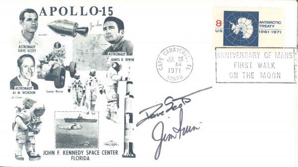 Apollo 15 David Scott and James Irwin Autographs: on a launch cover with a Orbit cachet tied with a Jul 26, 1971 Cape Canaveral machine cancel. Boldly signed in black Sharpie. Very good condition.