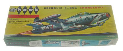 Hawk 1957 Republic F-84G Thunder Jet Plastic Mode: Hawk 1957 Republic F-84G Thunder Jet Plastic Model Kit Manufacturer: Hawk Name of Model: Republic F-84G Thunder Jet Kit #: 505-98 Type of Box: Wrapped Date of Model: 1957 Condition of Box: Near mint C