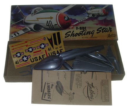 Lindberg 1954 F-80C Shooting Star Plastic Model K: Lindberg 1954 F-80C Shooting Star Plastic Model Kit Manufacturer: Lindberg Name of Model: F-80C Shooting Star Kit #: 500-100 Type of Box: Wrapped Date of Model: 1954 Condition of Box: Near mint Condit