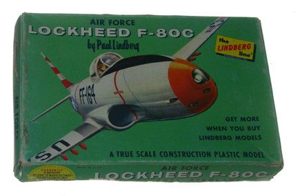 Lindberg 1960s Lockheed F80C 1:98 Plastic Model K: Lindberg 1960s Lockheed F80C 1:98 Plastic Model Kit Manufacturer: Lindberg Name of Model: Lockheed F80C Kit #: 426-39 Type of Box: printed end opening Date of Model: 1960's Condition of Box: fair (nev