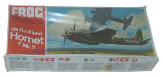 Frog 1960s DeHavilland Hornet F.Mk.3 1:72 Plastic: Frog 1960s DeHavilland Hornet F.Mk.3 1:72 Plastic Model Kit Manufacturer: Frog Name of Model: DeHavilland Hornet F.Mk.3 Kit #: F-239 Type of Box: printed lift top Date of Model: late 1960's Condition