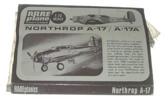Rare Plane Vacforms 1960s Northrop A-17 / A-17A 1: Rare Plane Vacforms 1960s Northrop A-17 / A-17A 1/72 Plastic Model Kit Manufacturer: Rare Plane Vacforms (U.S.) Name of Model: Northrop A-17 / A-17A Kit #: None Type of Box: Bagged with card folded ov