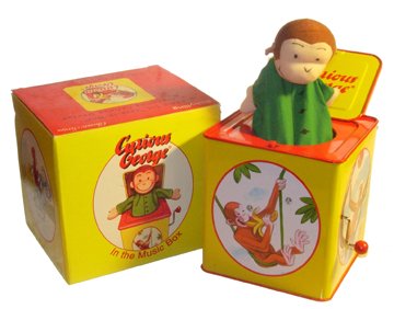 Schylling Tinplate Curious George Jack in the Box: (5.5" square) Copyright 1995. Plays "Pop Goes the Weasel". New in the box, excellent condition.