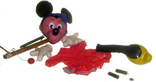 1950 Display Minnie Pelham Puppet: Circa 1950's Oversize Store Display Walt Disney Character Minnie Mouse Marionette by Pelham Puppets (26" tall) complete with 67" solid oak stand. Manufactured in the late 1950's by the Pelham Company