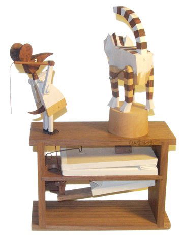 "Treat "em Rough" Automata: "Treat "em Rough, It's the Only Way" Mechanical Automata by Cabaret Mechanical Signed by Matt Smith(10 x 6.5 x 2.25") A wooden mechanical depicting a mouse whipping a tiger cat. Excellent condition.