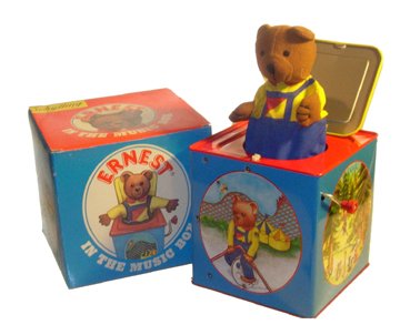 Schylling Tinplate Bear Jack in the Box Music Bo: (5.5" square) Copyright 1993. Plays "Pop Goes the Weasel". New in the box, excellent condition.