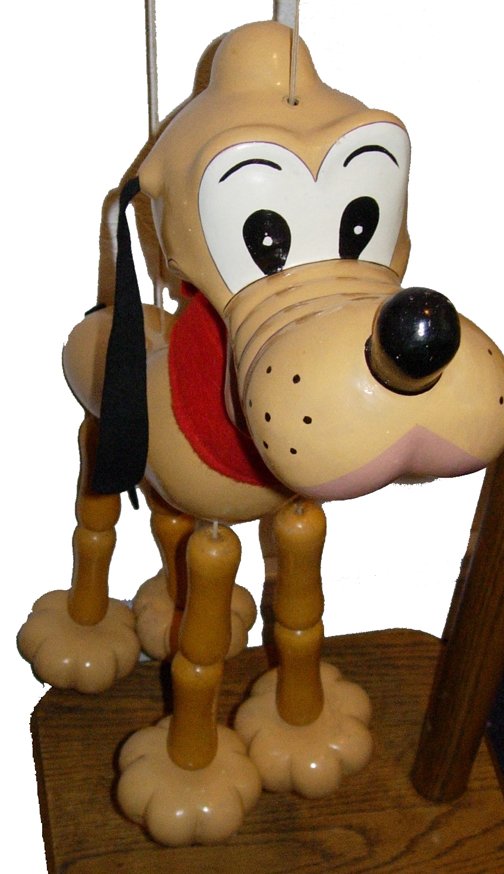 1950 Display Pluto Pelham Puppet: Circa 1950's Oversize Store Display Walt Disney Character Pluto Marionette by Pelham Puppets (24" tall) complete with 67" solid oak stand. Manufactured in the late 1950's by the Pelham Company in Engl