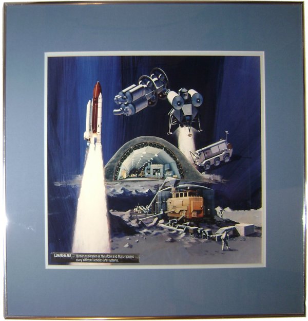 Mars and Moon Exploration Concept Artwork: A color poster (16 x 20") of conceptual art depicting various space exploration vehicle for the Moon and Mars. Mounted in a blue frame and silver frame. Glass not included. Very good condition.