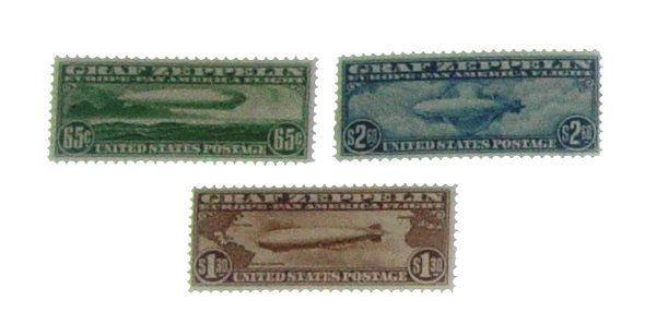 Set Unused US 1930 Graf Zeppelin Air Mail Stamps: Built in the hangars of Friedrichshafen, and stretching nearly 775 feet in length, the Graf Zeppelin achieved world renown as the first dirigible to cross the Atlantic. Her maiden flight occurred on S