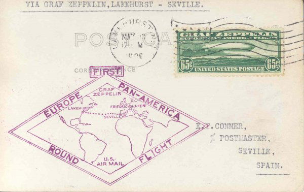 Flown Scott C13 Graf Zeppelin 65c US Postage Stamp: on a postcard Flown Aboard First Europe Pan America Round-Trip Flight. Built in the hangars of Friedrichshafen, and stretching nearly 775 feet in length, the Graf Zeppelin achieved world renown as the
