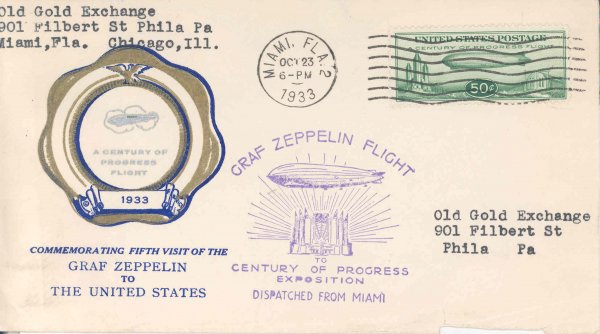 Flown c1933 Scott C18 Graf Zeppelin 50 c US Stamp: with a printed cachet commemorating the "Fifth Visit of the Graf Zeppeling to the United States". Tied to a "Century of Progress Dispatched from Miami" official cachet and a Miami FL Oct 23, 1933 canc