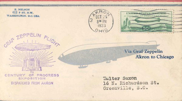Flown 1933 Scott C18 Graf Zeppelin US Stamp: with a printed cachet commemorating the "Graf Zeppelin Akron to Chicago." Tied to a "Century of Progress Dispatched from Akron" official cachet and an Akron OH Oct 25, 1933 cancel on the front and a C