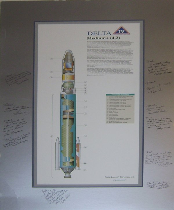 Delta IV Rocket Schematic Poster w/ Team Signatures: (32 x 18") Delta IV Rocket Design Schematic Poster Board with project team signatures and comments. Good condition.