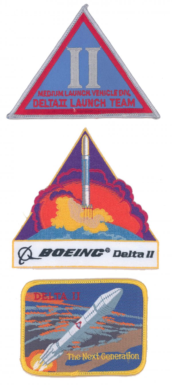 Lot of 3 Delta Launch Team Patches: A lot of three different embroidered patches (4") issued for the Delta 2 rocket program. Excellent condition.