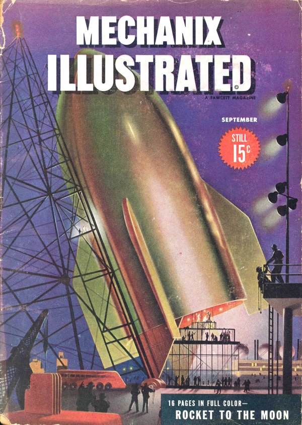 1945, Mechanix Illustrated,1950, Popular Mechanics : Lot of two popular press magazines profiling spaceflight. The 1945 "Mechanix Illustrated" magazine features an article written by Willy Ley entitled "Rocket to the Moon" with full color paintings by C