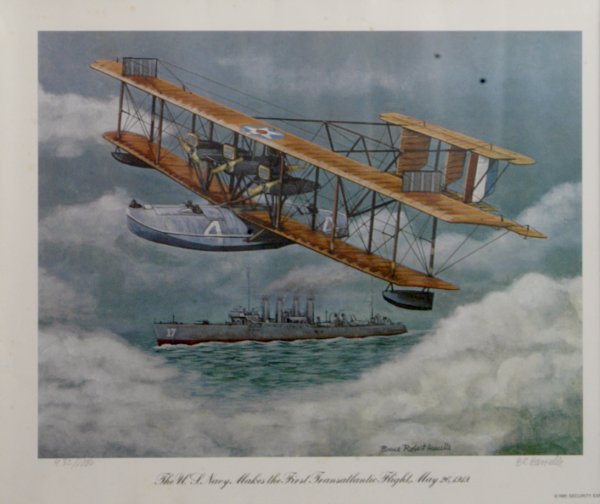 US Navy Makes the First Transatlantic Flight Litho: (16x13") A limited edition (No. 432/1,000)1981 multicolor lithograph, pencil numbered and signed by the artist Richard K. Smith. Attractive and unusual with modest faults.