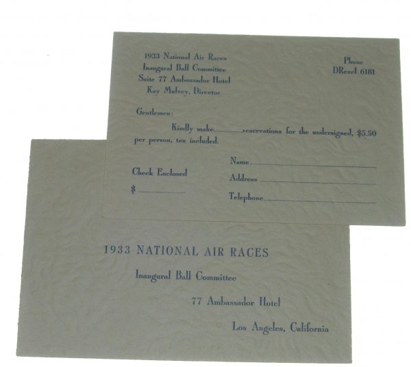 1933 National Air Races Ball RSVP Card: National Air Races Inaugural Ball RSVP card and return envelope. Excellent condition.