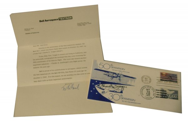 Chuck Yeager Autograph: on a flown airmail cover with a blue color "50th Anniversary First Solo Transatlantic Flight and 30th Anniversary Bell XS-1, First Supersonic Flight cachet, a Roosevelt Field STA. NY May 20, 1977 and 